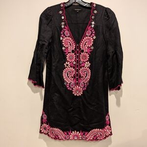 Nanette Lepore Black Dress Pink Embroidery Bell Sleeves Small Boho Festival